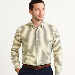 J CREW Mens Shirt Button Front Blue Tan Striped Long Sleeve Size L (16-16.5)